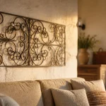 Décoration fer forgé intérieur : panneau mural ajouré noir et bronze en salon rustique