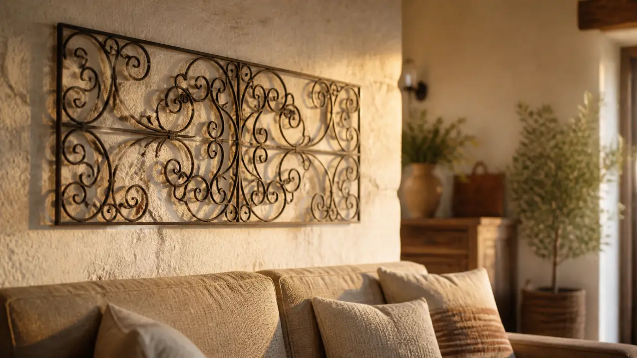 Décoration fer forgé intérieur : panneau mural ajouré noir et bronze en salon rustique