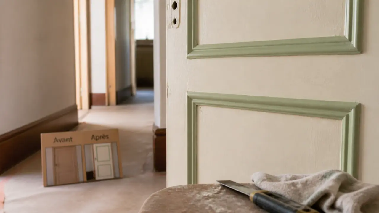Décoration porte intérieur : relooking sans remplacer, peinture et moulures vert tendre