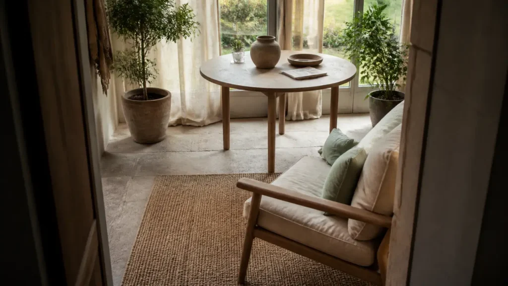 Décoration véranda intérieur avec meubles bas clairs et lumière douce
