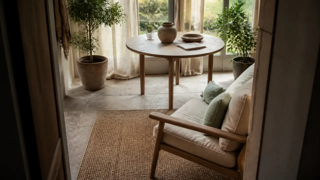 Décoration véranda intérieur avec meubles bas clairs et lumière douce