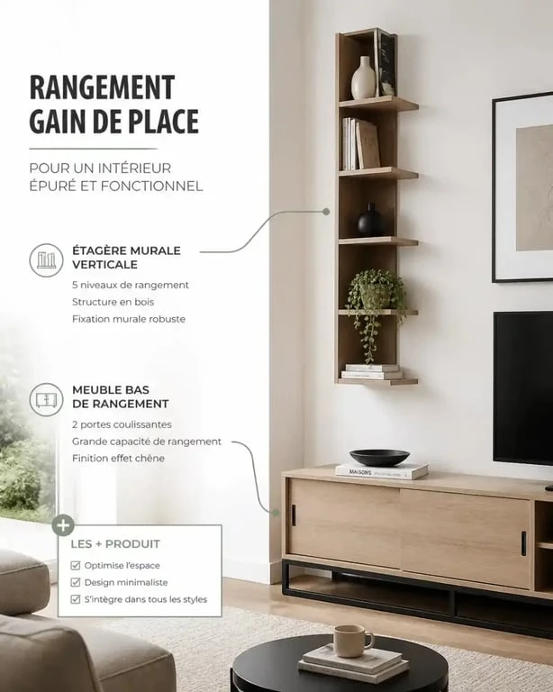 Meuble de rangement et étagères murales pour optimiser l'espace d'un salon