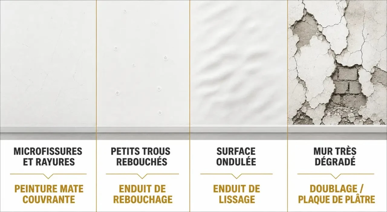 Peinture épaisse pour mur irrégulier : tableau comparatif des défauts de mur et des solutions recommandées