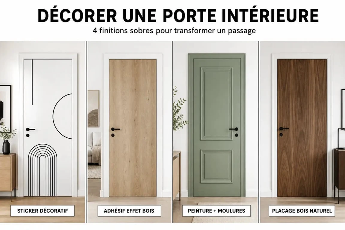 Décoration porte intérieur en comparatif visuel avec stickers, adhésifs, peinture, moulures et placage bois