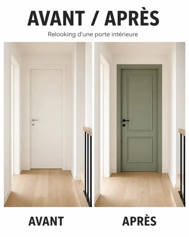 Décoration porte intérieur avant après dans un couloir lumineux avec porte peinte et moulures