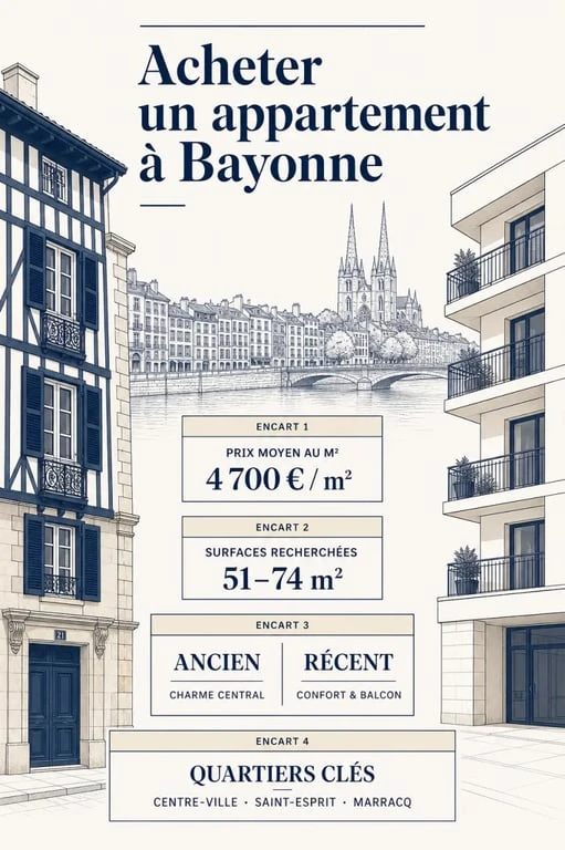 Achat appartement Bayonne : synthèse visuelle du marché avec prix au m², surfaces et quartiers