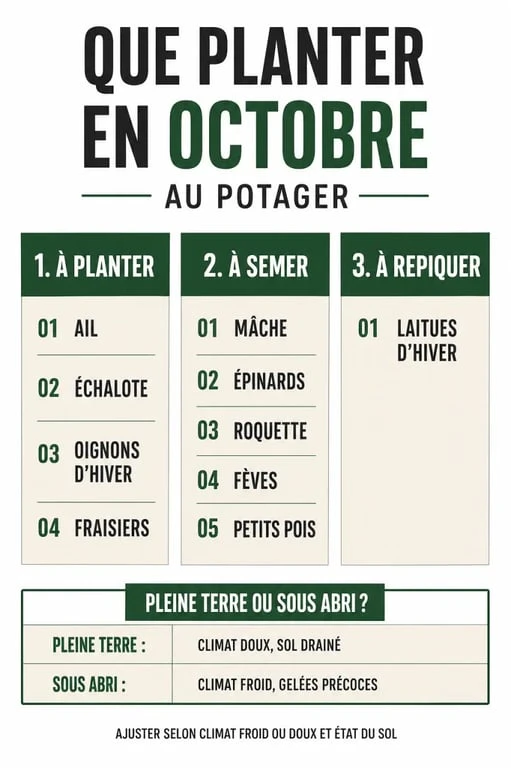 Infographie sur que planter en octobre au potager avec les cultures à semer, planter et repiquer