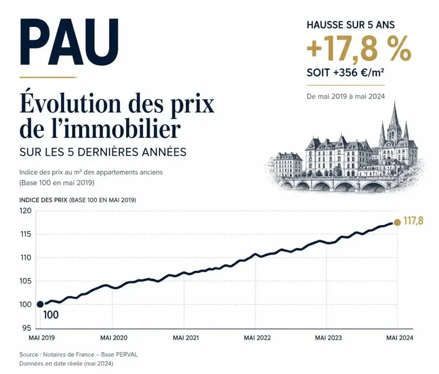 Graphique montrant l'évolution des prix de l'immobilier et l'achat d'appartement à Pau sur 5 ans