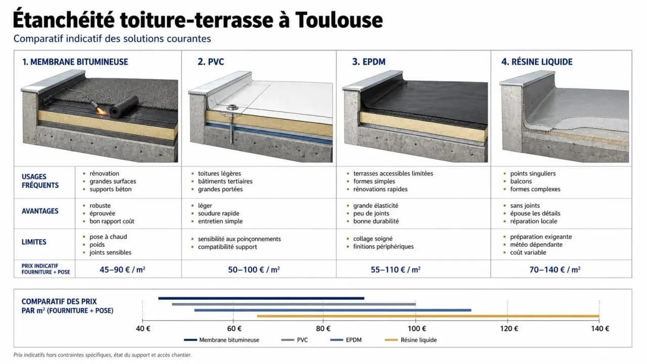 Devis étanchéité Toulouse : comparaison des techniques bitume, PVC, EPDM et résine avec usages et prix