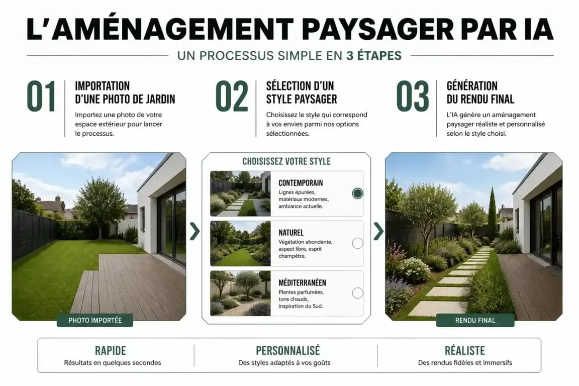 Processus de transformation d'un jardin avec une application aménagement extérieur à partir d'une photo