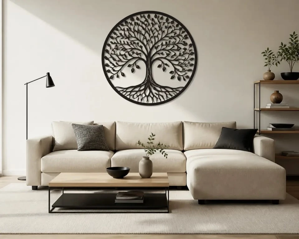 Décoration fer forgé intérieur dans un salon contemporain avec mur clair et décoration murale noire