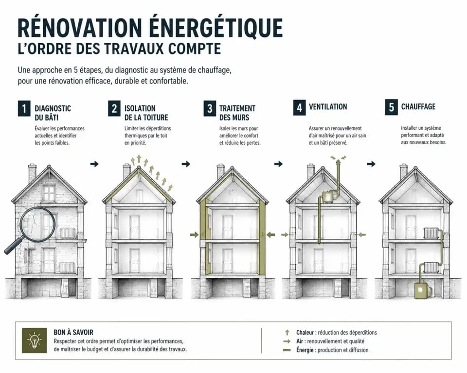 Comment réussir la rénovation énergétique de sa maison ancienne : schéma des étapes clés de la rénovation