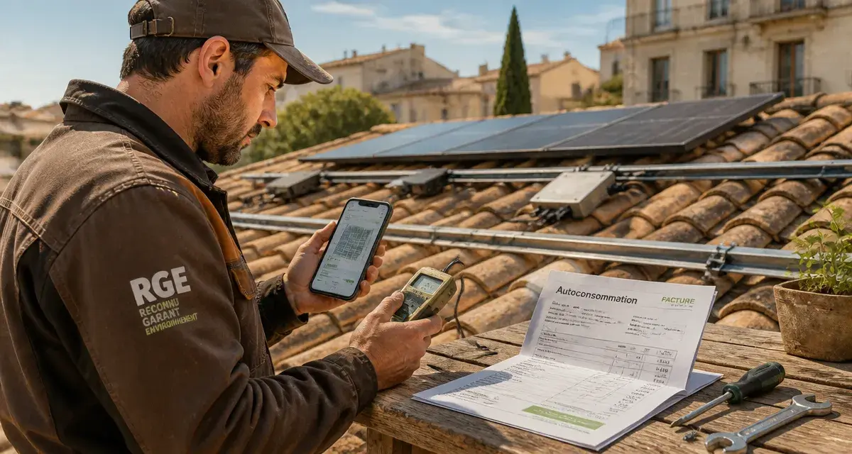 Installation panneaux solaires Montpellier : technicien RGE vérifie le système sur le toit