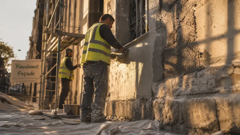 Ravalement facade saint etienne : ouvriers appliquent l’enduit et contrôlent l’humidité