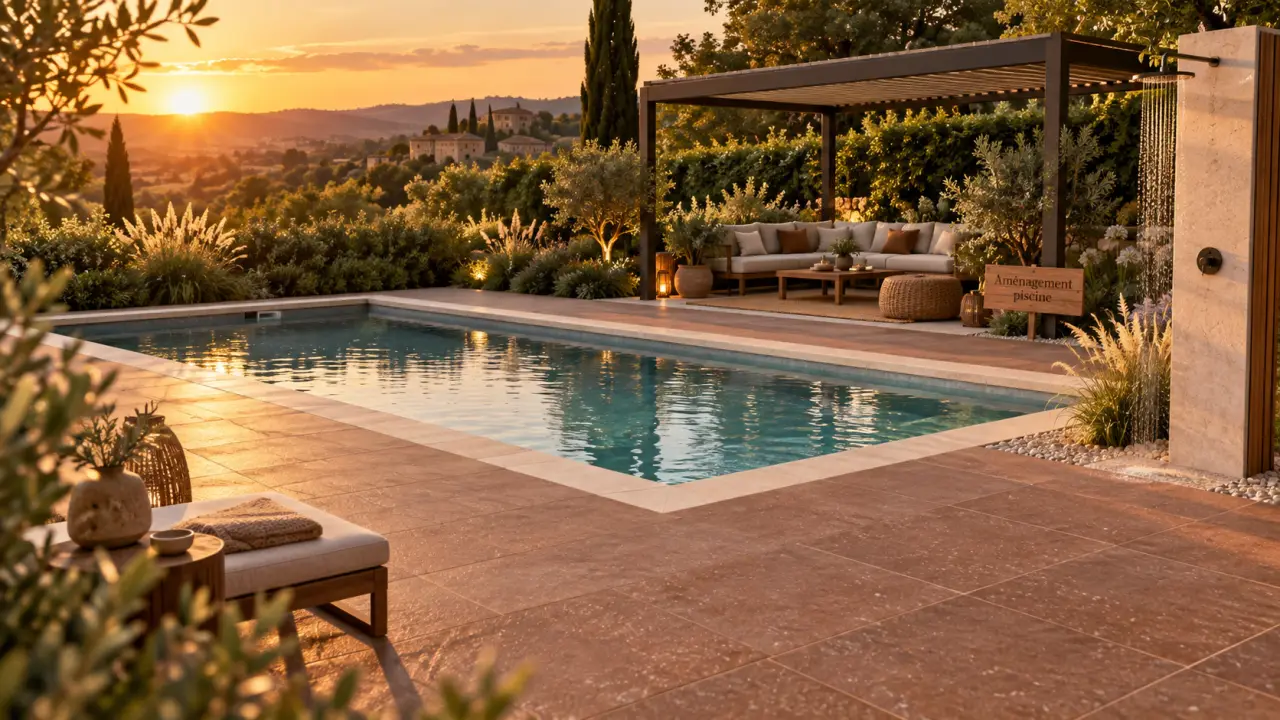 Aménagement piscine extérieur : plage antidérapante, douche et zone détente sous pergola