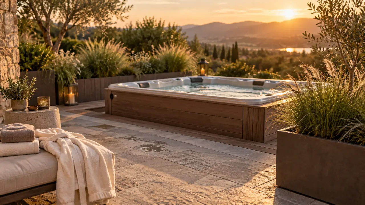Aménagement spa extérieur : plage en pierre antidérapante et zone sèche au jardin