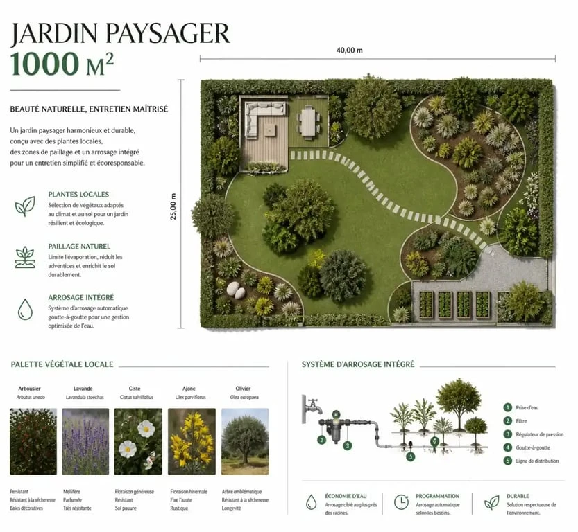 Aménagement durable pour réduire le coût d'entretien d'un jardin de 1000 m2