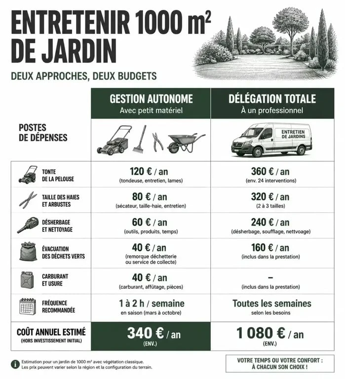 Comparatif des coûts d'entretien d'un jardin de 1000 m2 entre gestion autonome et professionnel