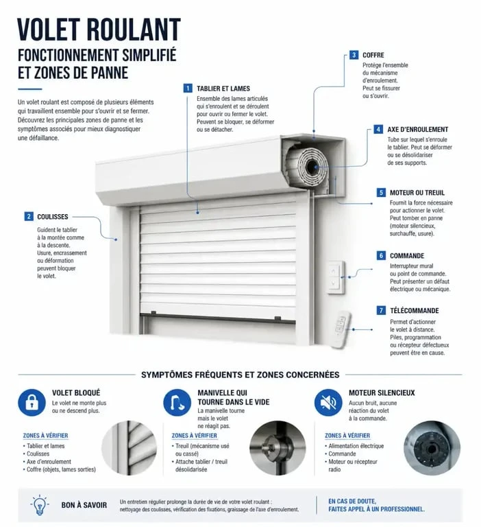Infographie sur les pannes prises en charge par un réparateur de volet roulant Panazol