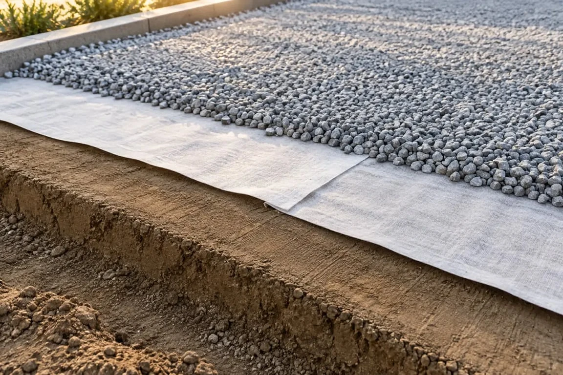 Préparation du terrain avec géotextile avant pose de gravier jardin sans entretien