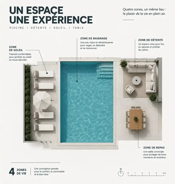 Plan d'aménagement piscine extérieur avec zones de vie