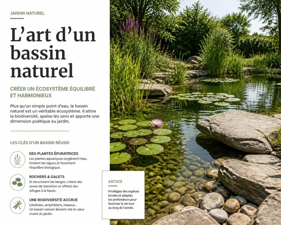 Idée aménagement bassin extérieur avec rochers et plantes aquatiques