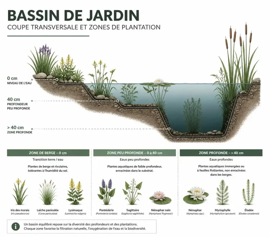 Schéma des zones de plantation pour un bassin extérieur réussi