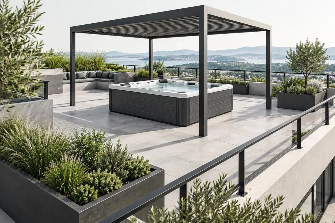 Aménagement spa extérieur sur toit-terrasse avec pergola, garde-corps et accès dégagé