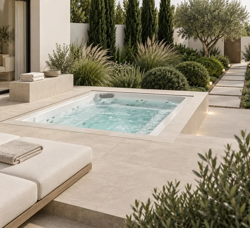 Aménagement spa extérieur dans un jardin avec terrasse, végétation et espace d’intimité