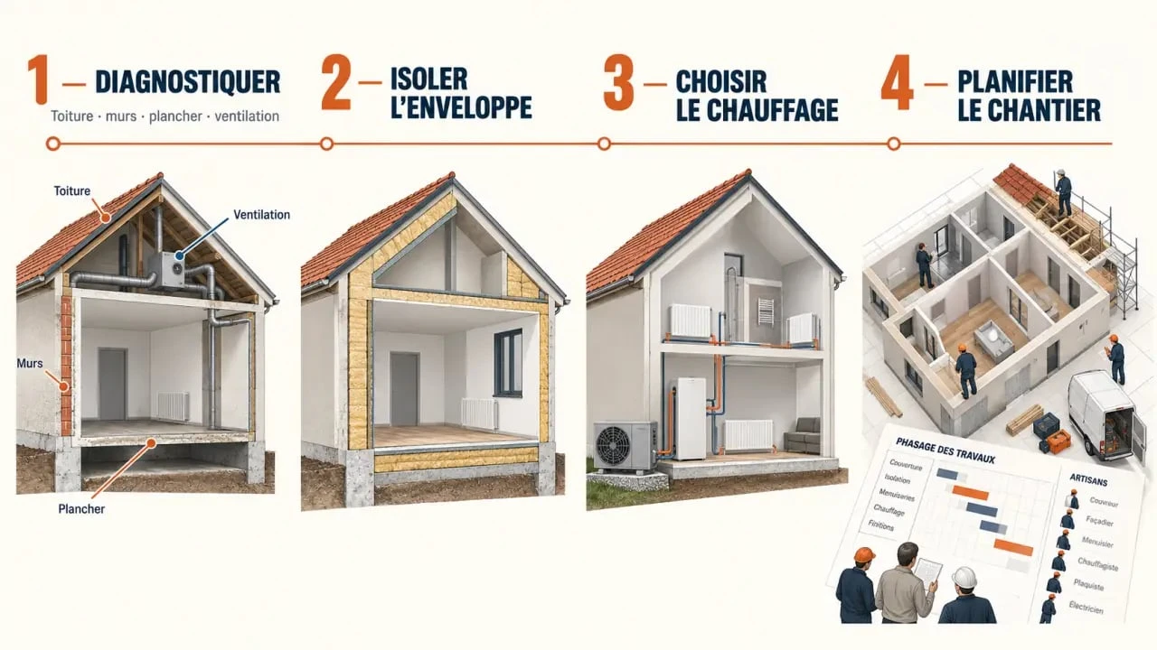Étapes clés d'une rénovation énergétique maison, du diagnostic de l'enveloppe au choix du chauffage