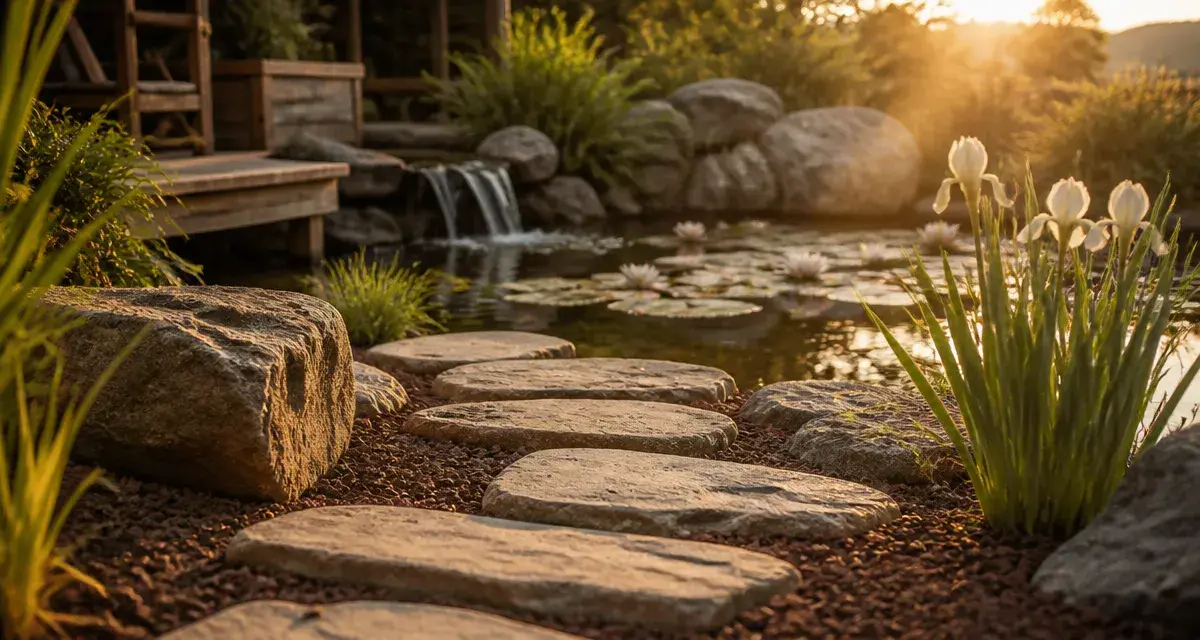 Idée aménagement bassin extérieur : bassin naturel de jardin, plantes et nénuphars