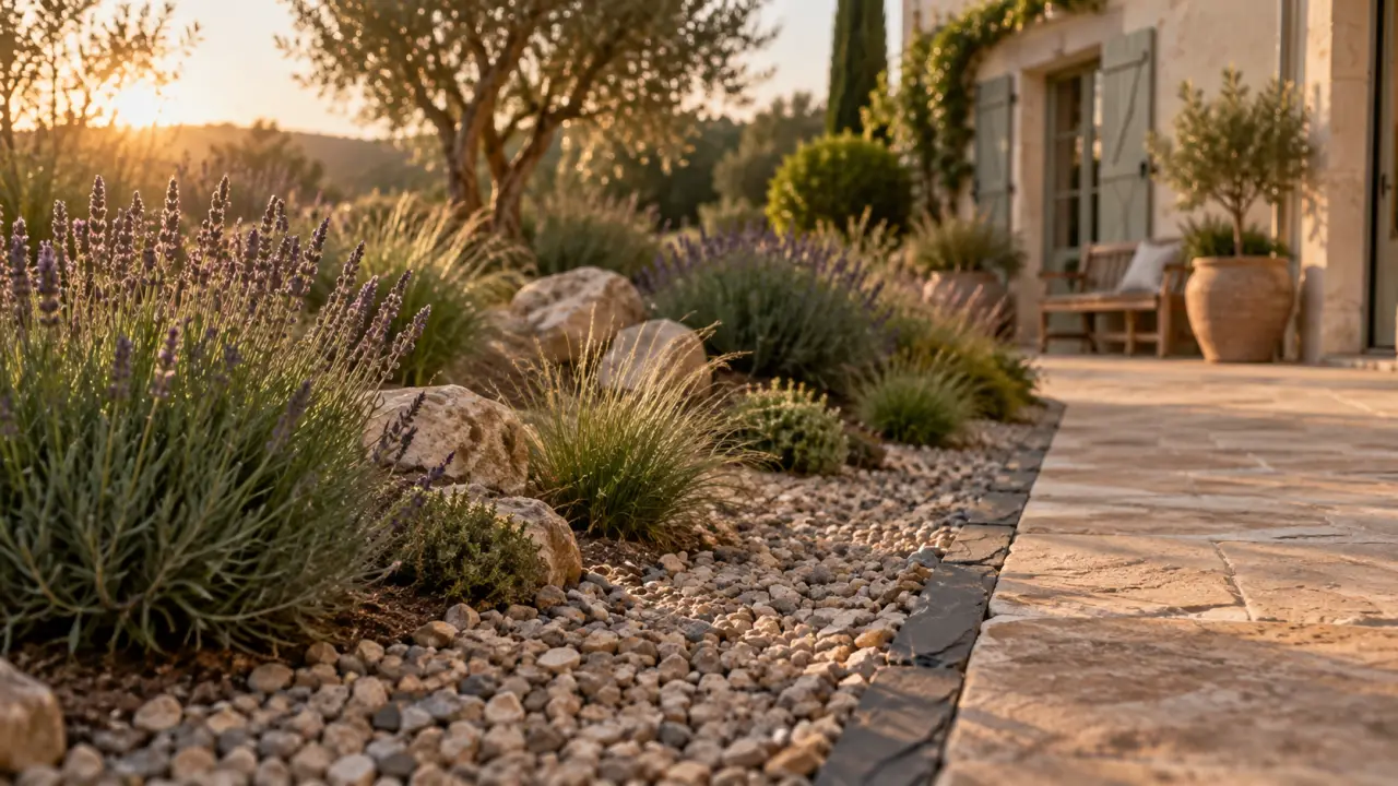 Jardin minéral sans entretien avec paillage de gravier concassé (5 cm) et lavande.